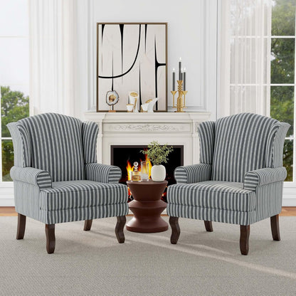 Accent Chair, High Back Upholstered Armchair with High Resilience Sponge & Wood Legs, Mid-Century Modern Comfy Single Sofa Reading Chairs for Living Room, Bedroom (Stripe Grey, Set of 1)