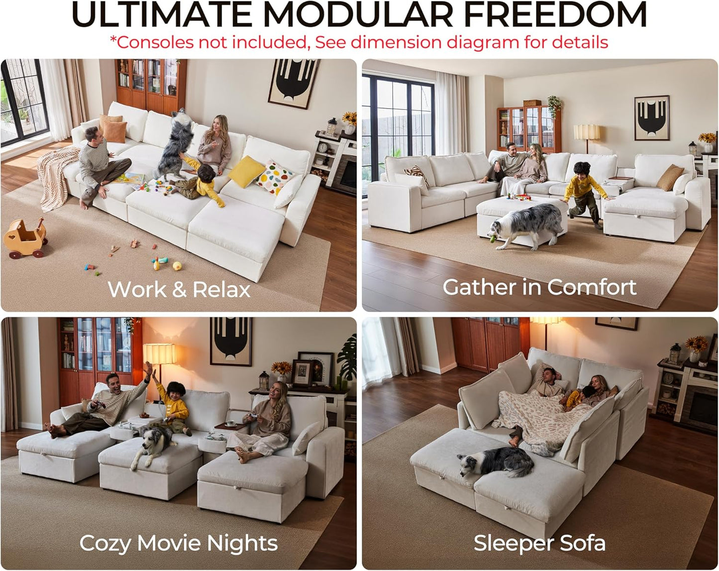Oversized Modular Sofa Comfy Cloud Couch with Storage, Extra Deep Plush Sectional Sofa Set for Living Room, Covers Washable, Chenille, Olar (White, 3-Seater, Basic Shape)
