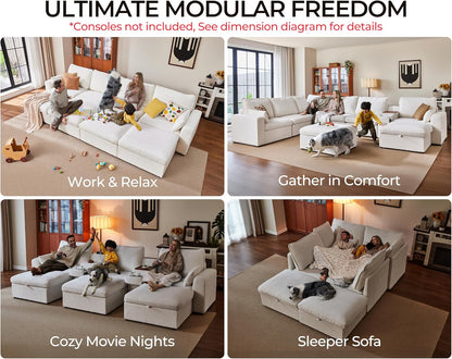 Oversized Modular Sofa Comfy Cloud Couch with Storage, Extra Deep Plush Sectional Sofa Set for Living Room, Covers Washable, Chenille, Olar (White, 6-Seater with 3 Ottomans, Sleeper)