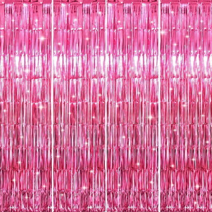 GOER 3.2 ft x 8.2 ft Metallic Tinsel Foil Fringe Curtains Party Photo Backdrop Party Streamers for Galentines Day,Birthday,Graduation,New Year Eve Decorations Wedding Decor (4 Packs,Hot Pink)