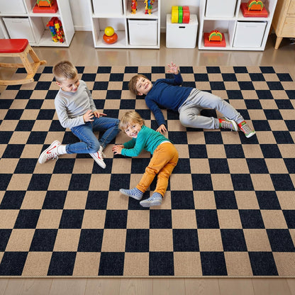 Lahome Checkered Easy Jute Carpet, Washable Area Rug 6x9 Neutral Outdoor Patio Rug, Farmhouse Checkerboard Non Slip Non Shedding Floor Carpet for Dining Living Room Deck Sunroom