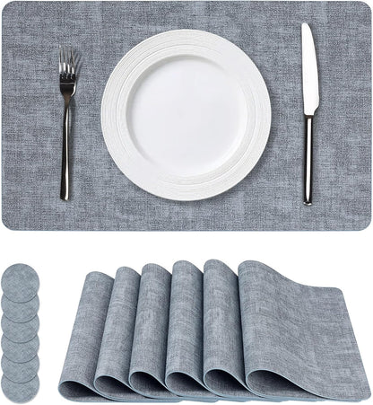 Vinyl Placemats Set of 6, Faux Leather Waterproof and Heat Resistant Place Mats, Washable Anti-Slip Table Mats with Coaster, Wipeable Placemats for Indoor & Outdoor 17" x 12" (Light Blue, Set of 6)