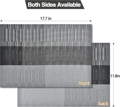 Placemats Set of 4 - Washable Easy Clean Vinyl Placemats - Heat Resistant PVC Place Mats for Dining Table - (Black and Gray, 4)