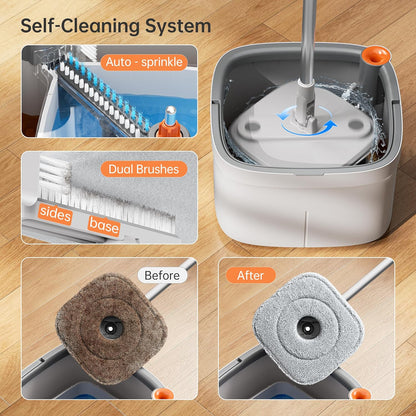 KZKR Spin Mop and Bucket Set with Self Separation Dirty and Clean Water System, Self Wringing 360° Rotating Square Mop Head for Home Floors Cleaning (1.0 Mop and Bucket Set (4 Pads))