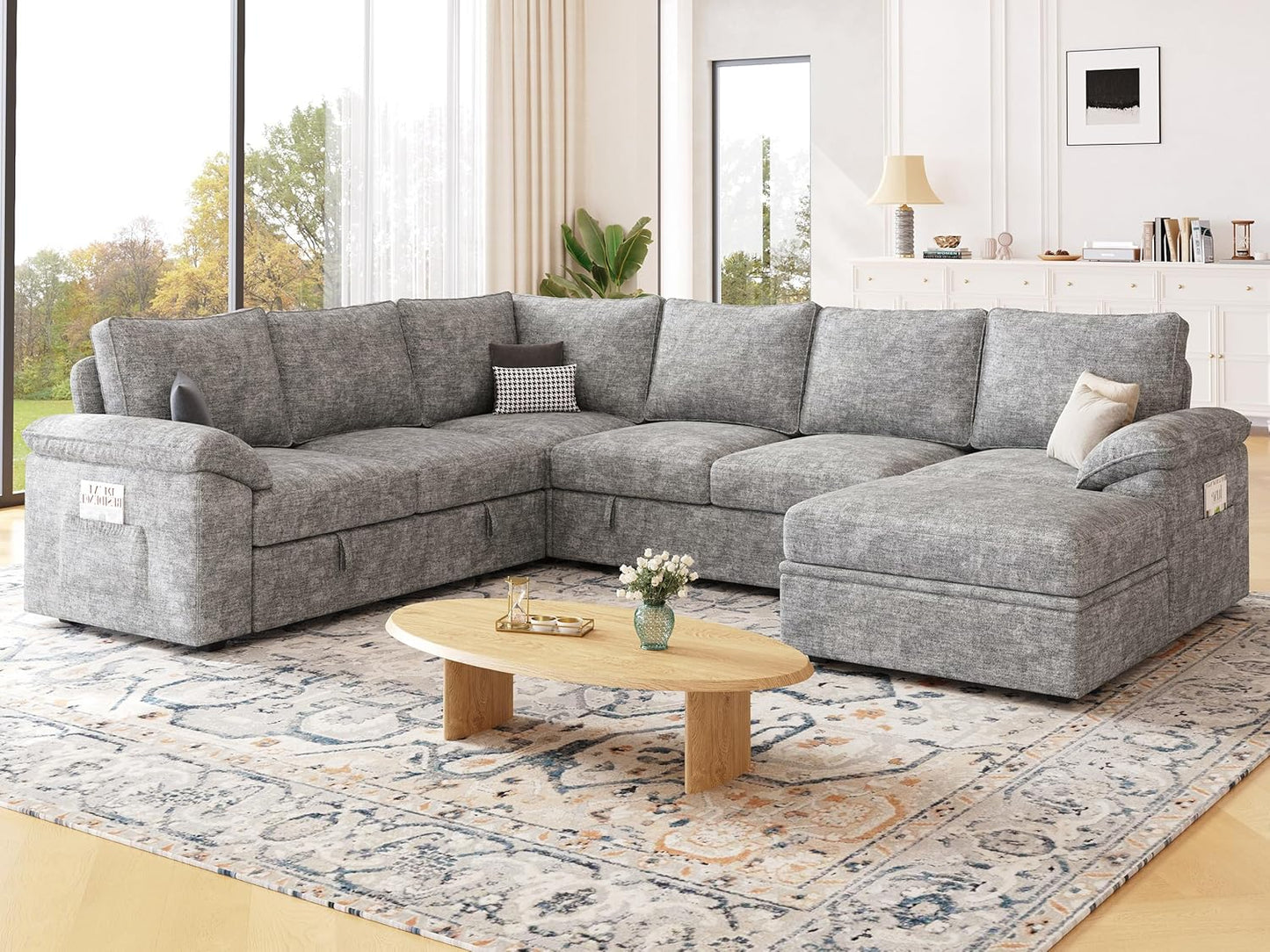 108 Inch Modular Sectional Sofa with Pull Out Bed,U Shaped 7 Seat Sectional Sleeper Sofa with Storage,Sectional Couches for Living Room,Cloud Modular Couch,Removable Sofa Cover,Light Gray