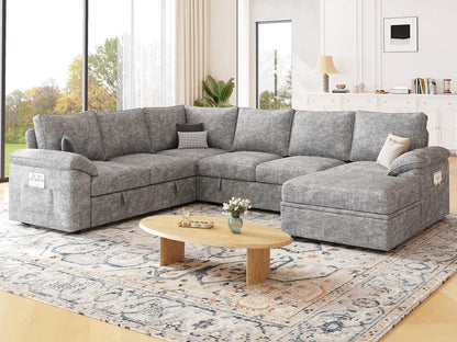 108 Inch Modular Sectional Sofa with Pull Out Bed,U Shaped 7 Seat Sectional Sleeper Sofa with Storage,Sectional Couches for Living Room,Cloud Modular Couch,Removable Sofa Cover,Light Gray