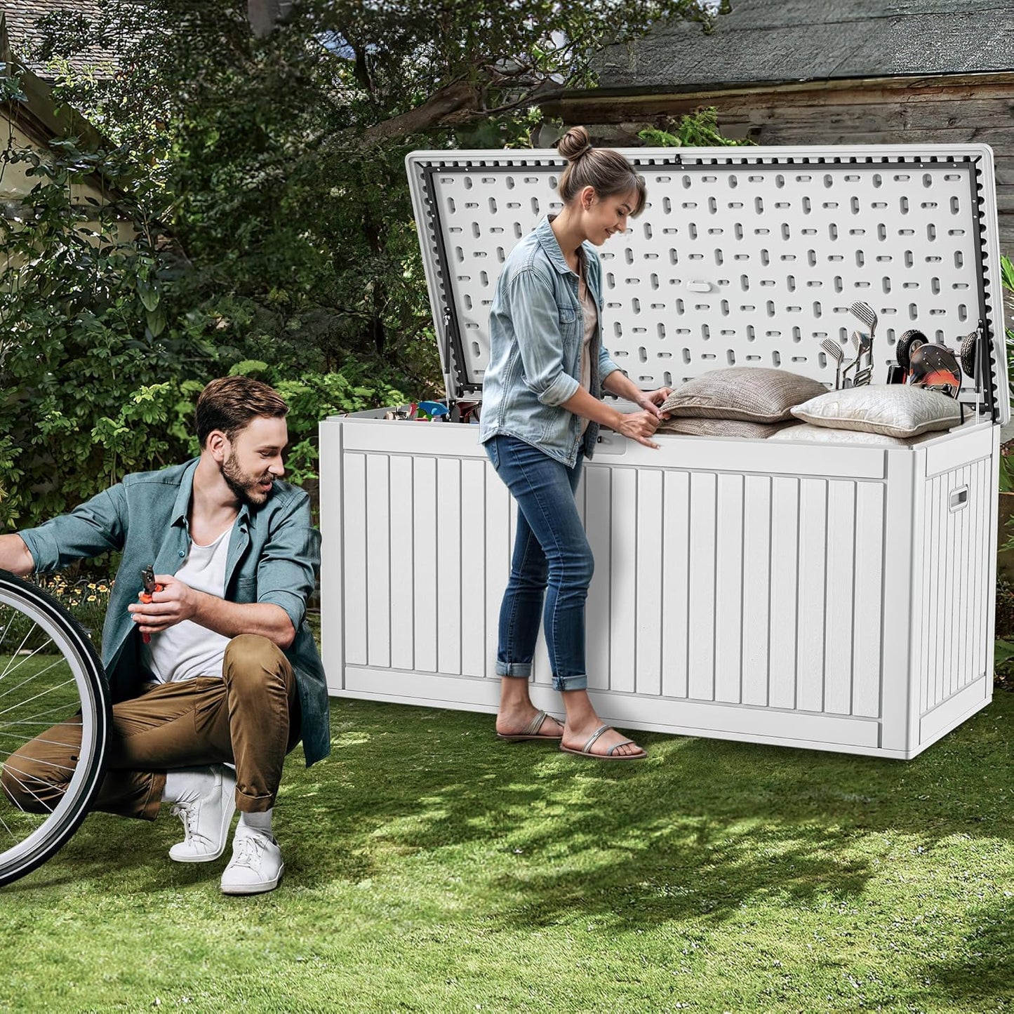 YITAHOME 260 Gallon Double-Wall Deck Box with Divider & Side Handles, Outdoor Large Storage for Patio Furniture Cushions, Garden Pool Accessories, Water Resistant & Lockable