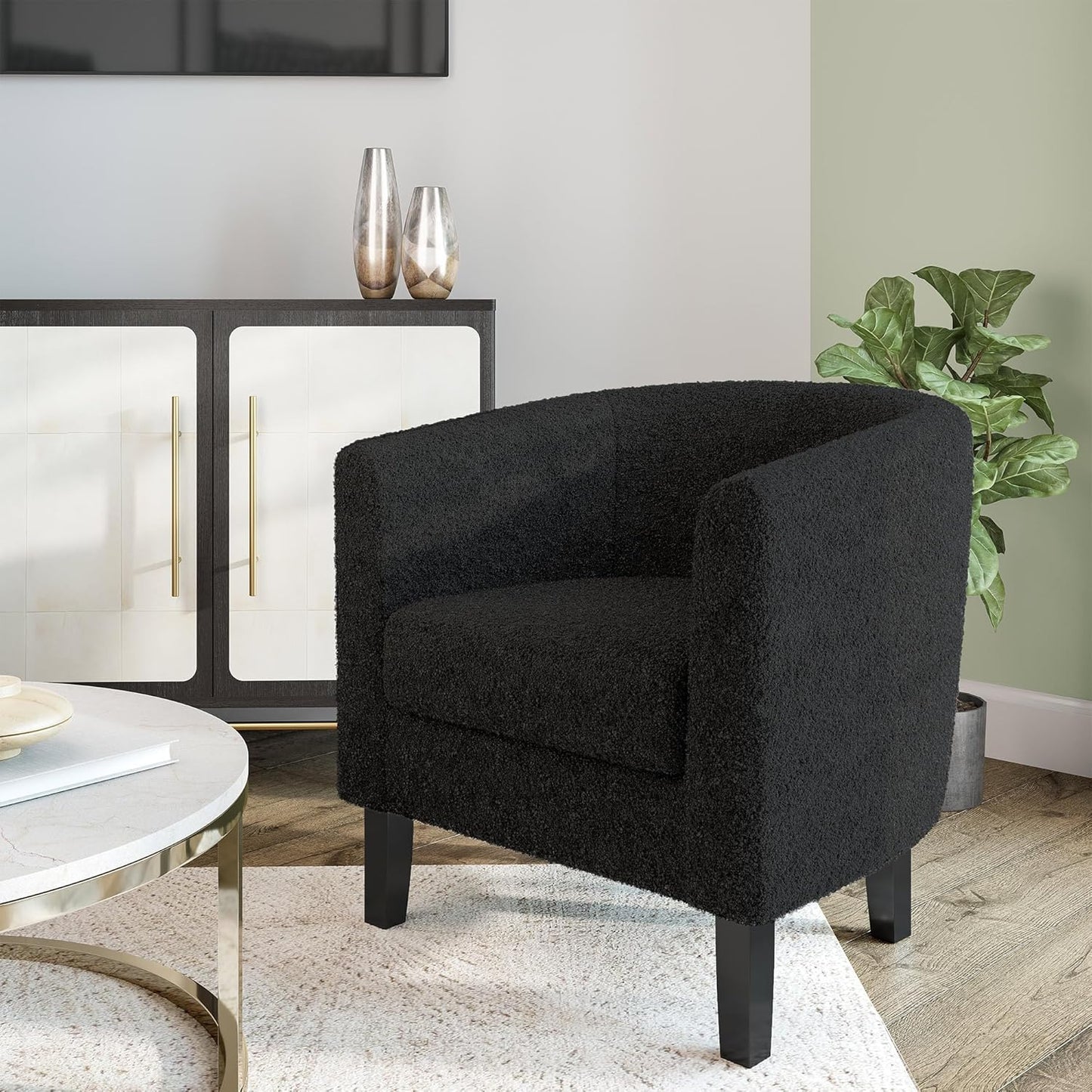BELLEZE Living Room Chair, Teddy Polyester Accent Barrel Chair, Club Tub Sofa Chair for Bedroom, Corner Chair with Flared Legs and Cozy Soft Padding - Highland (Teddy Black)