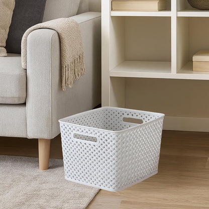 Simplify Large Resin Wicker Tote | Storage Bin | Plastic Organizer | Carrying Handles | Bathroom |