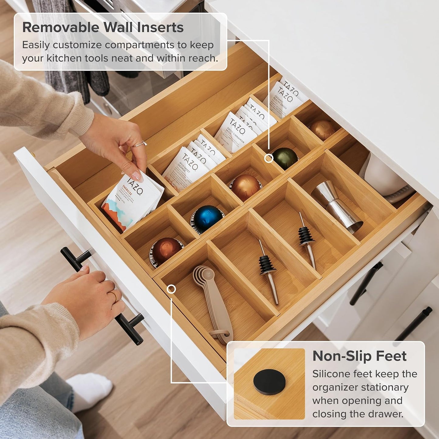 Premium Tea Bags and Coffee Pods Drawer Organizer – Small 9-Compartment Design with Removable Wall Inserts, Non-Slip Feet, 100% Sustainable Bamboo
