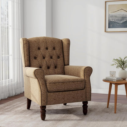 Accent Chair, Upholstered Armchair with Button Tufted High Back & Solid Wood Legs, Comfy Wingback Reading Single Sofa Chair for Small Spaces, Living Room, Bedroom (Brown, Set of 1)