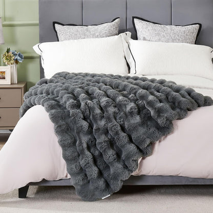 DREAMNINE Large Soft Thick Fuzzy Bubble Faux Rabbit Fur Bed Blanket Full Size 70" x 80",Reversible Gray Plush Big Warm Shaggy Fluffy Blankets for Winter,Solid Luxury Cozy Cute Bumpy Furry Blanket,Grey
