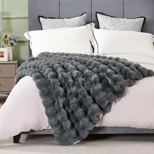 DREAMNINE Soft Fuzzy Bubble Faux Rabbit Fur Throw Blanket for Couch 50" x 60", Double Sided Long Shaggy Thick Warm Fluffy Blankets for Winter, Decorative Luxury Gray Cozy Plush Cute Furry Blanket,Grey