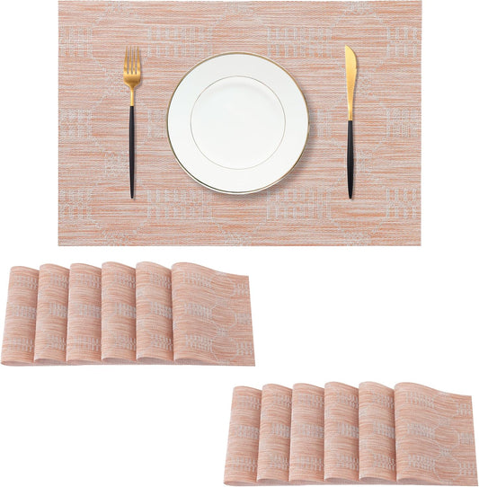 Leetaltree Coral Placemats Set of 12 - Heat Resistant Non-Slip Place mats for Dining Table, Washable Durable PVC Vinyl Woven Table Mats（Coral, 12）