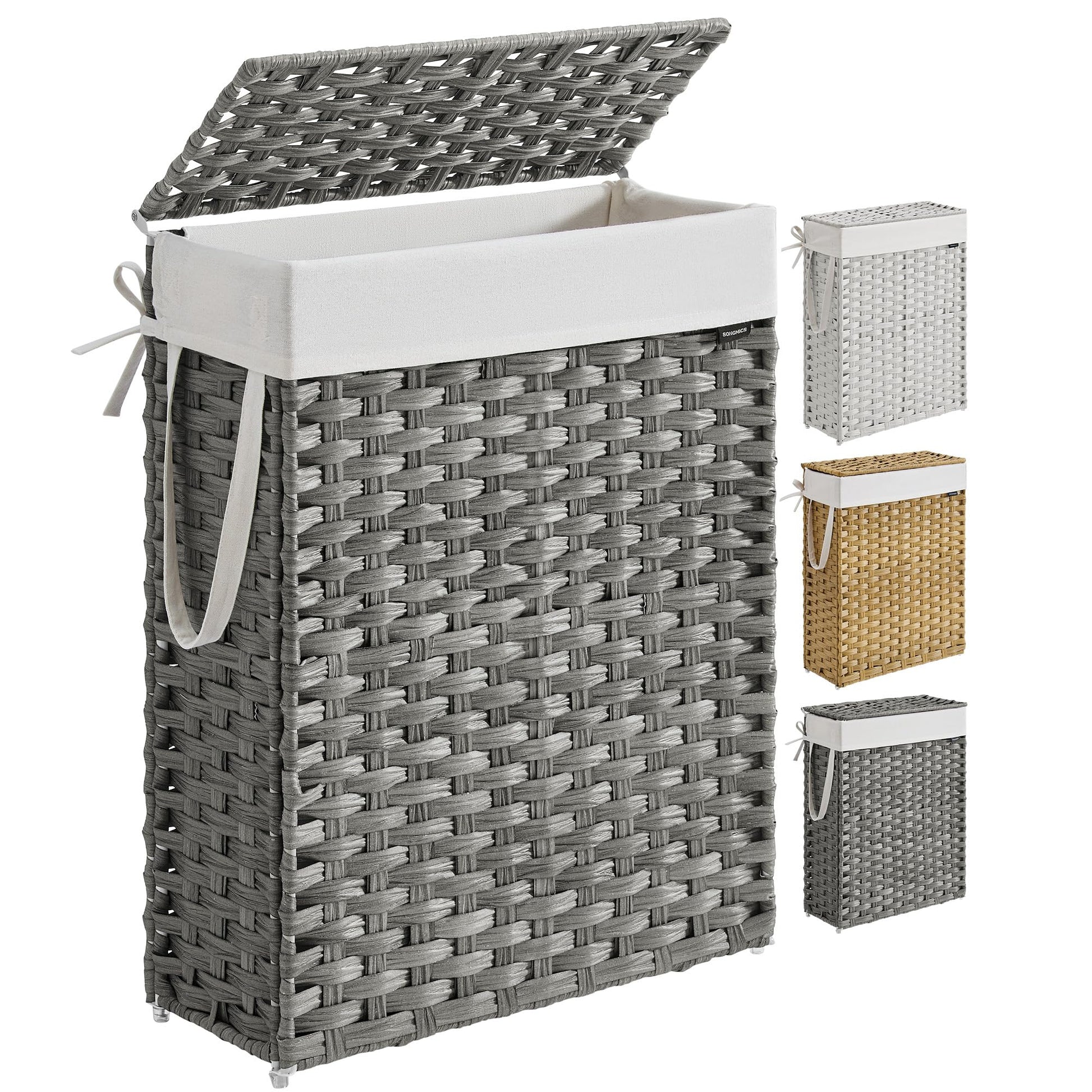 SONGMICS Slim Laundry Hamper with Lid, 14.5 Gallon (55L) Rattan Clothes Laundry Basket with Lid and