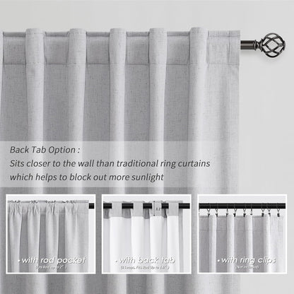 Grey Blackout Curtains Linen Room Darkening 96 Inch Long for Bedroom Living Room 2 Panels Set Back Tab 100% Black Out Curtains Light Gray Modern Linen Blended Thermal Insulated Drapes Heat Blocking