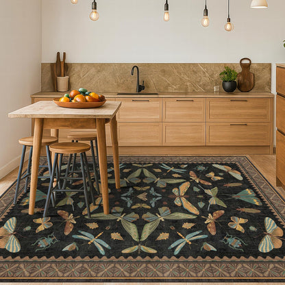 Living Room Rug Black Boho 6x9 - Dining Room Rugs for Under Table, Bedroom, Insect Bug Eclectic Home Décor, Washable Non Slip Foldable