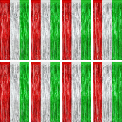 8 Pack Christmas Photo Backdrop, 3.28 FT x 7.05 FT Red Silver Green Party Streamer, Metallic Foil Fringe Curtains Tinsel Backdrop, Christmas Photo Booth Props Door Decor Party Supplies