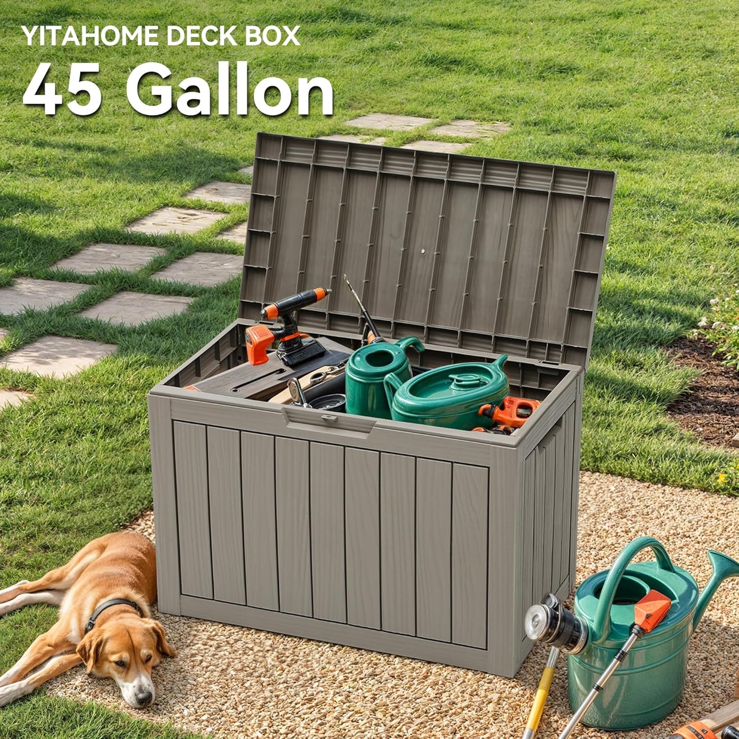 YITAHOME 45 Gallon Deck Box, Outdoor Storage Box for Patio Cushions, Outdoor Tools, Gardening Tools, Sports Equipment, and Throw Pillows, Lockable and Waterproof, Brown