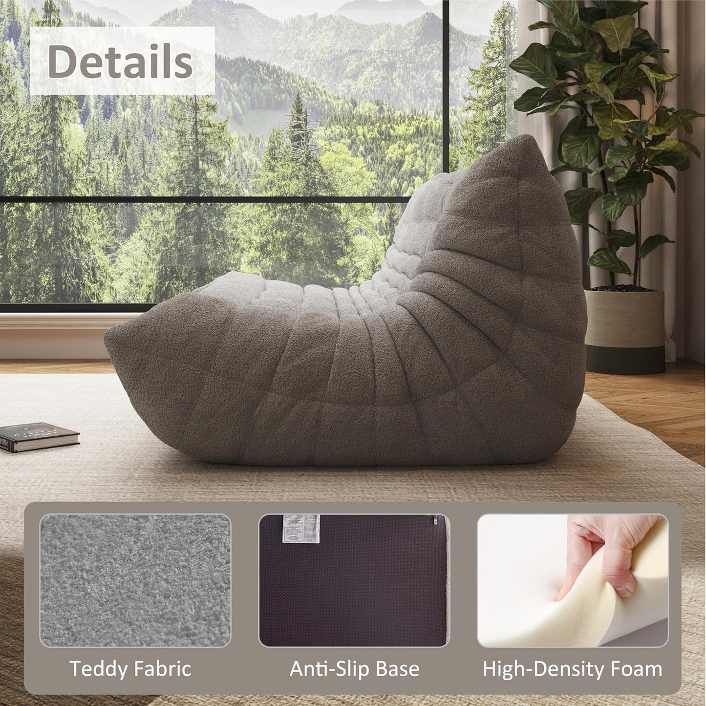 Bean Bag Chair, Oversized Bean Bag Chair for Living Room, Fireside Chair for Adults with Memory Foam Filled, Big Accent Lounge Floor Sofa for Reading, Relax, No Assembly Required. (Grey 3-Seater)