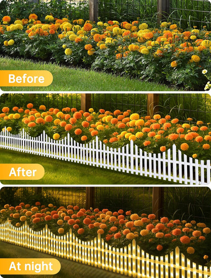 Hopolon 8 Pack White Picket Fence for Garden, 11.1in (H) X 9.1ft (L) Garden Fence Border with 144 Led Solar Lights and Remote, Decorative Mini Pocket Fence for Small Flower Path Tree Yard Pet Barrier