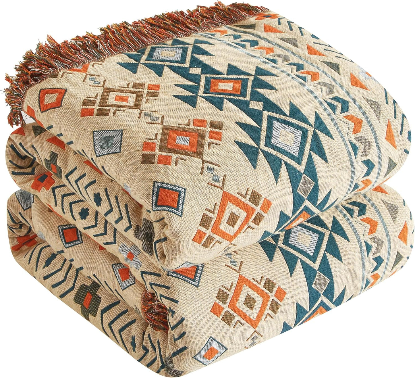 Boho Throw Blanket for Bed 80”x90”, 100% Cotton Woven Blanket for Couch Sofa, Ultra Soft 4-Layer Muslin Quilt with Diamond Pattern, Farmhouse Bed Blanket/Cover for Living Room Decor