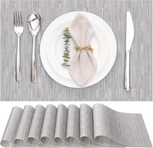Myir JUN Placemats Set of 8, Vinyl Woven Placemats Place Mats Indoor Set of 8 Washable Table Mats Non-Slip Place mats for Dining Table (Silver, Set of 8)