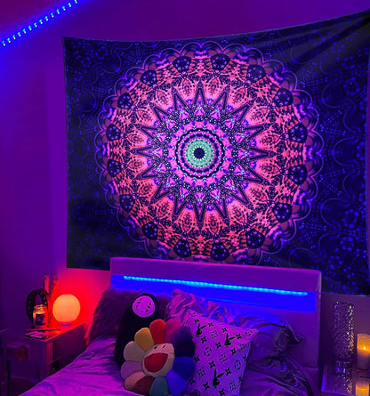 ADDWel Blacklight Mandala Boho Tapestry Glow In The Dark, Black Light Bohemian Hippie Poster Wall Hanging for Bedroom Aesthetic Wall and Room Decor (90" x 70", Mandala)