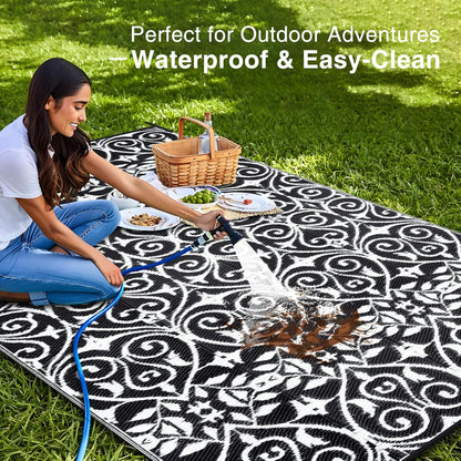OLANLY Outdoor Rug Waterproof 8x10 ft Clearance, Reversible Outdoor Plastic Straw Rug with Floral Pattern, RV Mat for Patio, Camping, Balcony, Deck, Backyard, Black & White