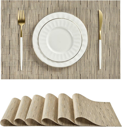 Leetaltree Light Brown Placemats Set of 6 - Heat Resistant Non-Slip Place mats for Dining Table, Washable Durable PVC Vinyl Woven Table Mats（Light Brown, 6）
