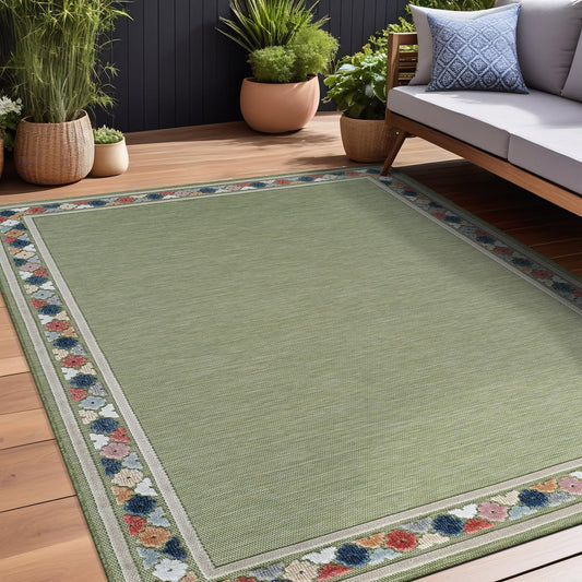 Beverly Rug Outdoor Rug 9x12 Modern Bordered Large Area Rugs for Indoor and Outdoor Patio Easy to Clean Non Shedding Living Room Porch Garden Washable Outside Carpet (9 x 12 Green)