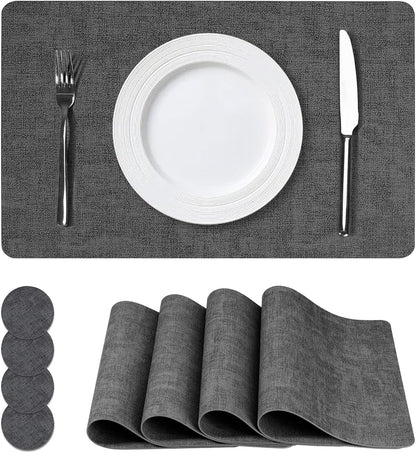 Vinyl Placemats Set of 4, Faux Leather Waterproof and Heat Resistant Place Mats, Washable Anti-Slip Table Mats with Coaster, Wipeable Placemats for Indoor & Outdoor 17" x 12" (Black, Set of 4)