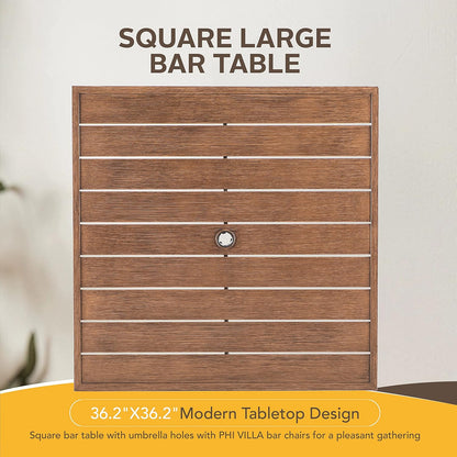 PHI VILLA 36"X36" Outdoor Metal Counter Height Table with 1.57" Umbrella Hole, Square Table with Teakwood-Brown Table Top and Black Table Legs for Outdoor and Indoor