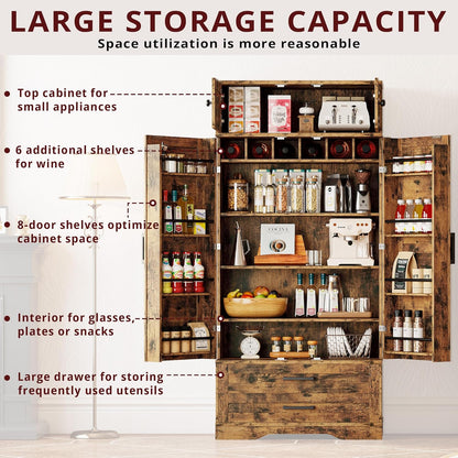 IRONCK Kitchen Pantry 72" Height, with 8 Hanging Shelves, 2 Drawers and Open Storage Cabinet, Freestanding Cupboard for Dining Room Living Room,Vintage Brown