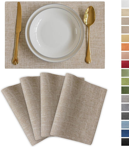 Demetex Burlap Placemats Set of 4 Heat Resistant Decorative Cloth Place Mats Wipeable Lined Linen Table Plate Mats for Party Dinner Gathering, Burlap
