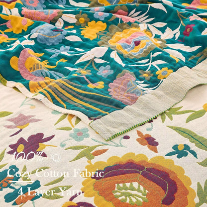 Boho Throw Blanket for Bed, 100% Cotton Soft Rustic Quilt Fall Blanket, 50"x60" Colorful Floral Printed Farmhouse Decor Bed Blankets, All Season Rustic Reversible Bohemian Throw Quilt