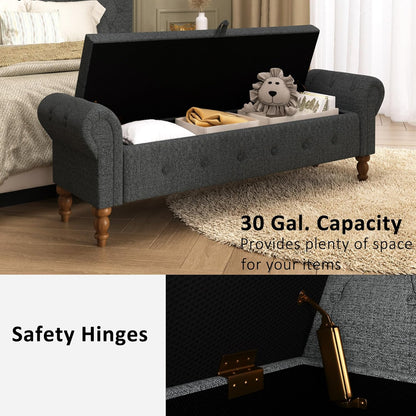 Storage Ottoman Bench for Bedroom, Linen 52" End of Bed Bench with Rolled Arms Upholstered Ottoman Bench Fit for Bedroom, Living Room, Entryway, Dark Gray