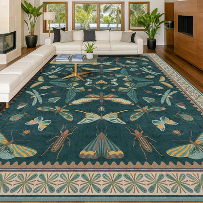 9x12 Large Living Room Rug - Dark Teal Multi Dining Room Rugs for Under Table, Bedroom, Kids Room, Classroom, Insect Butterfly Floral Décor, Lightweight Non Slip Low Pile