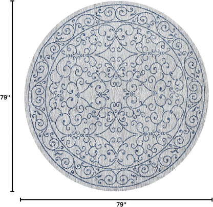 JONATHAN Y Vintage Filigree Indoor Outdoor Round Area Rug 6 Ft Gray/Navy, Charleston Textured Weave for Backyard, Patio, Porch, Easy-Cleaning, High Traffic, Pet-Friendly, Non-Shedding (SMB106C-6R)