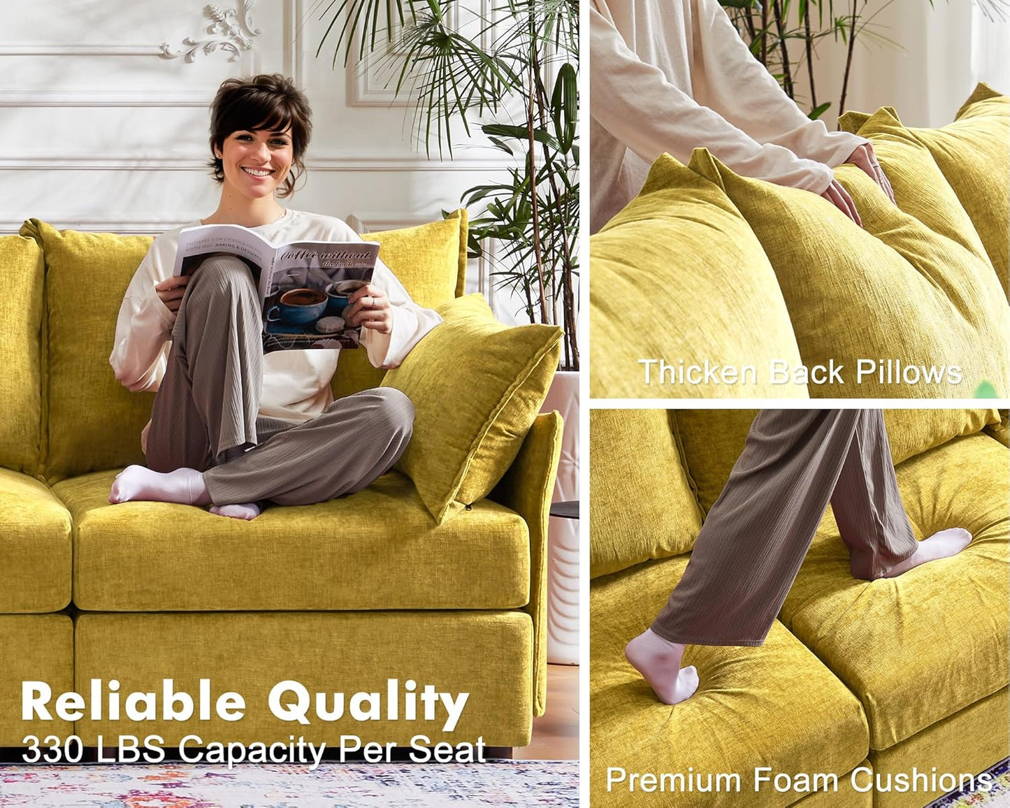 102.6" Modular Sectional Sofa, L Shaped Couch Set for Living Room, 3-Seater Comfy Cloud Couches with Movable Storage Ottoman,DIY Combination - Chenille Yellow