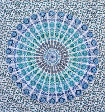 Bless International Handmade Indian hippie Bohemian Psychedelic Peacock Mandala Wall hanging College Dorm Beach Throws Table Cloth Bedding Tapestry (Peacock Sky Blue, Queen(84x90Inches)(215x230Cms))