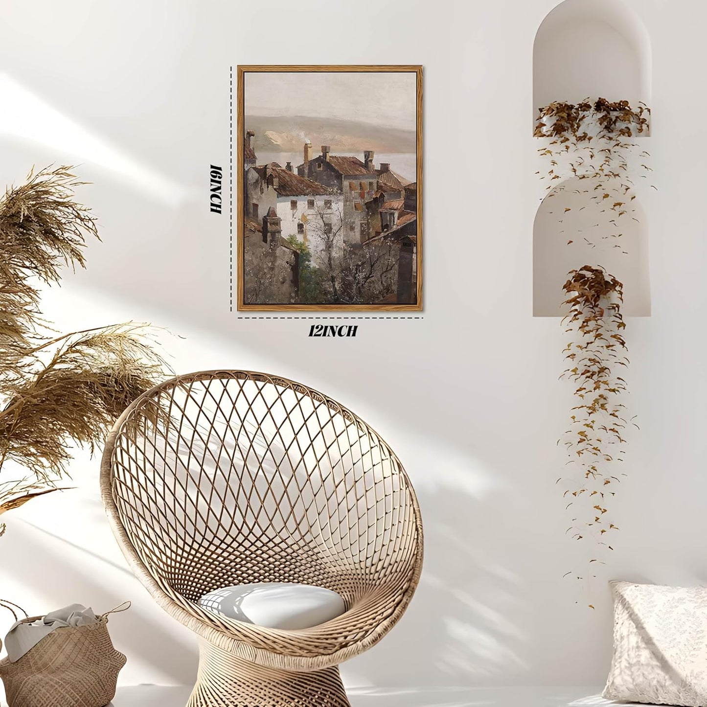 Floating Framed Vintage Canvas Wall Art, European Country Towns Wall Decor Oil Paintings Artwork, Rustic Farmhouse Posters Prints Pictures for Living Room Hallway Bedroom 12x16 inch