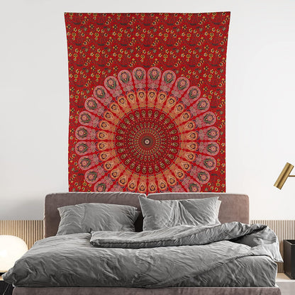 Bless International Handmade Indian hippie Bohemian Psychedelic Peacock Mandala Wall hanging College Dorm Beach Throws Table Cloth Bedding Tapestry (Golden Red, Twin(54x72Inches)(140x185cms))