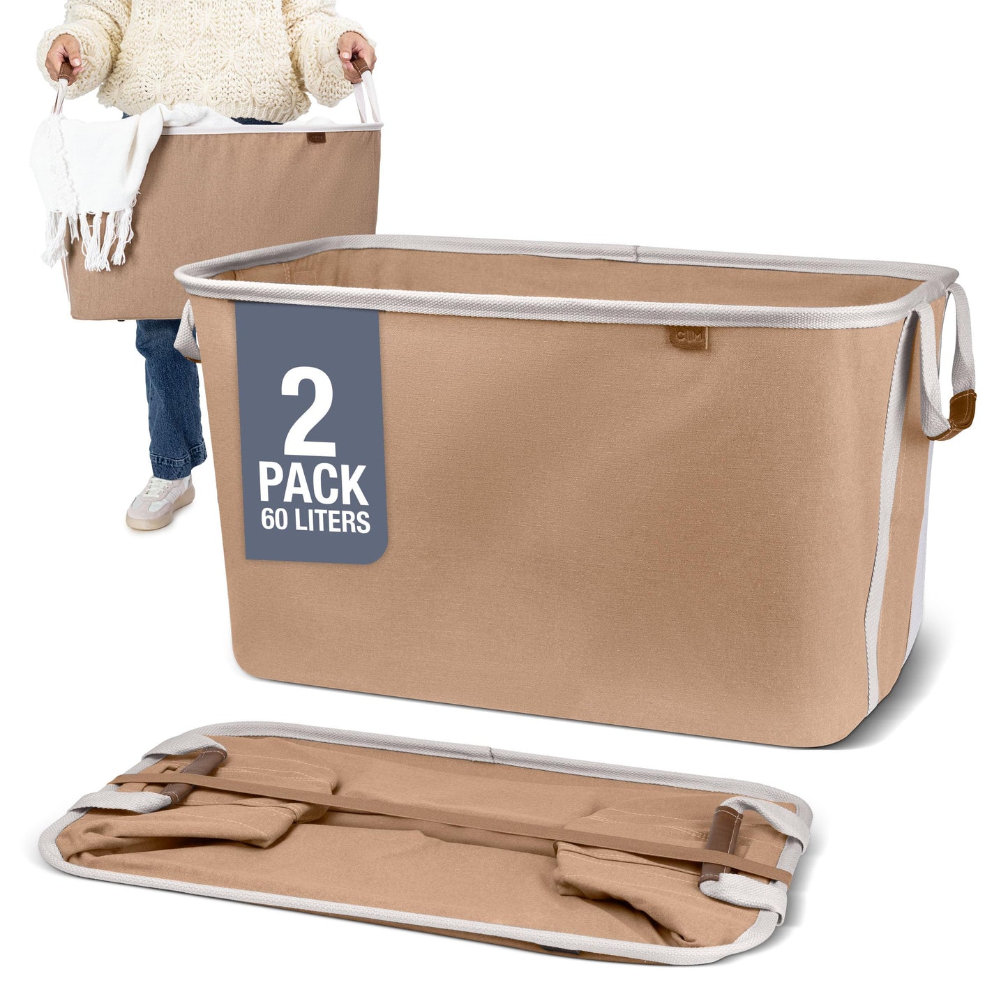 CleverMade Collapsible Laundry Basket LUXE, 60L Pop-Up Hamper 2 Pack, Mocha