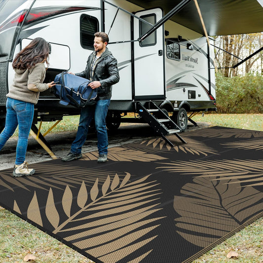 GENIMO Outdoor Rug 10' x 20' Waterproof for Patios Clearance, Reversible Outdoor Plastic Straw Camping Rug Carpet, Large Area Rugs Mats for RV, Camper, Deck, Balcony, Porch, Beach, Picnic, Black&Brown