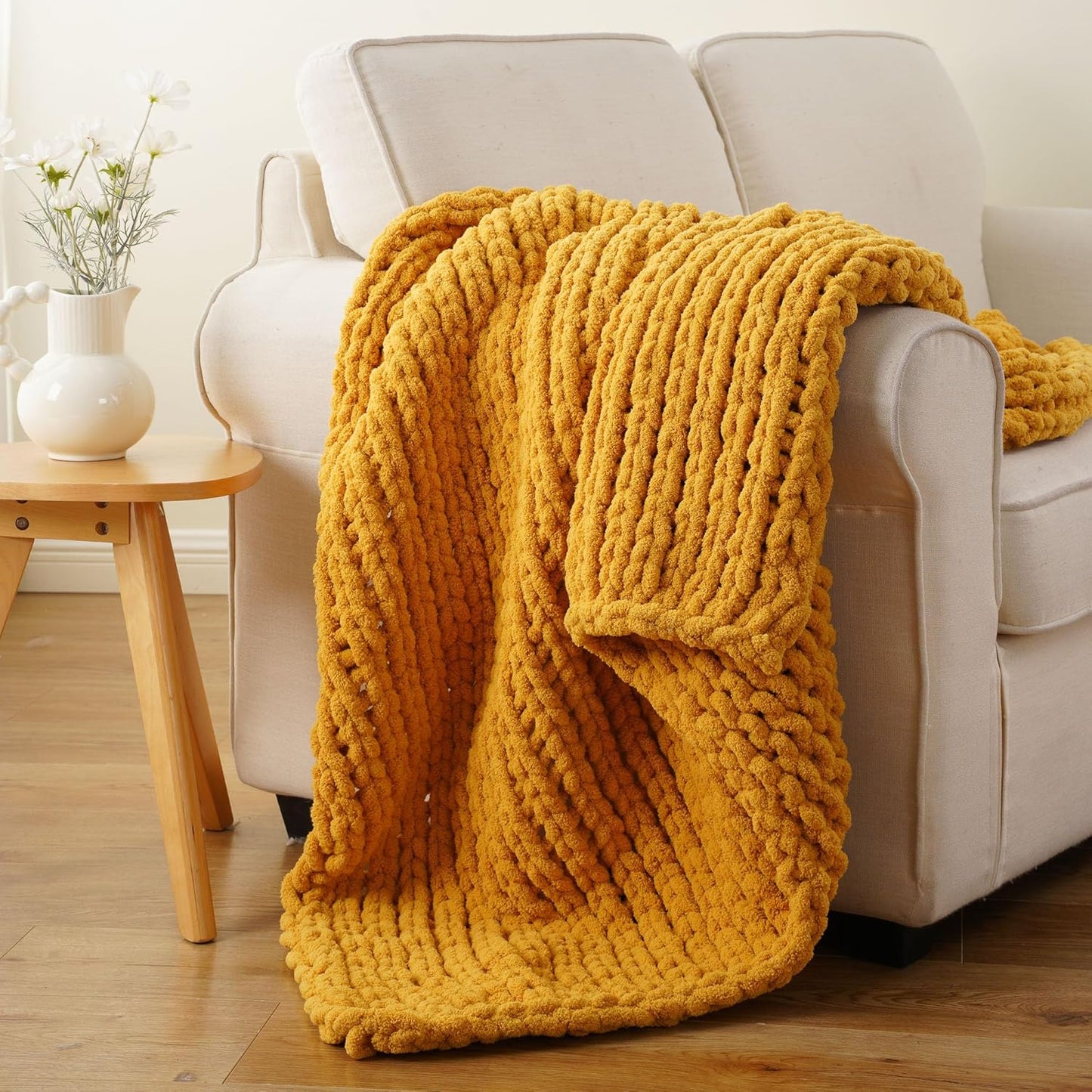 Battilo Chunky Knit Throw Blanket, Soft and Thick Chenille Throw Blanket, 50"x60" Handmade Cable Knit Crochet Blanket, Large Rope Knot Throw Blankets for Couch Sofa Bed Home Decor, Mustard
