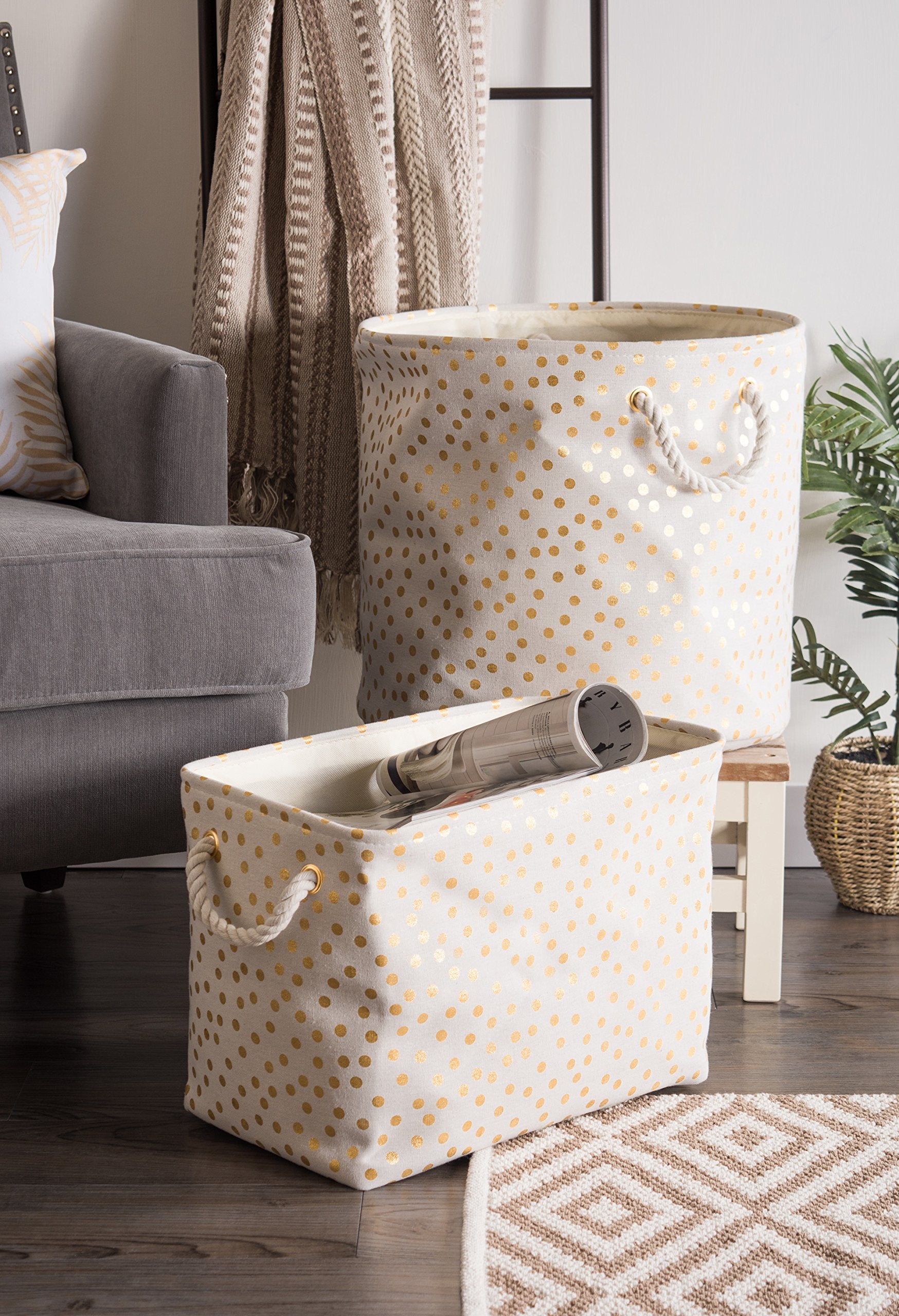 DII Polyester Storage Bin, Gold Metallic Collection Collapsible with Handles, Large, Natural