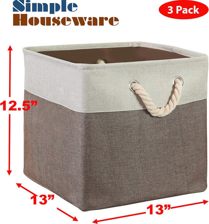 SIMPLE HOUSEWARE Fabric Storage Cubes, 13" x 13" Storage Bin, 3 Pack, Brown
