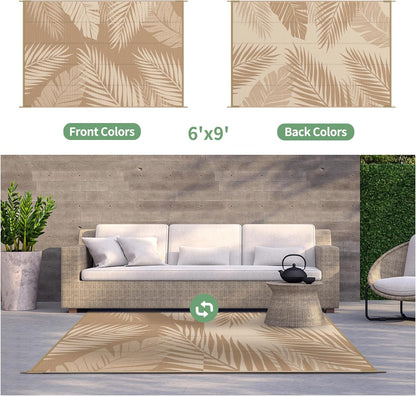 GENIMO Outdoor Rug 6' x 9' Waterproof for Patios Clearance, Reversible Outdoor Plastic Straw Camping Rug Carpet, Large Area Rugs Mats for RV, Camper, Deck, Balcony, Porch, Beach, Picnic, Brown&Beige