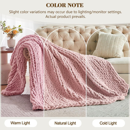 Carriediosa Chunky Knit Throw Blanket 60" X 80" Twin, 100% Hand Made Large Chenille Loop Yarn Soft Fluffy Throws for Couch Sofa Bed, Big Crochet Cozy Heavy Thick Cable Woven Blankets, Dusty Pink